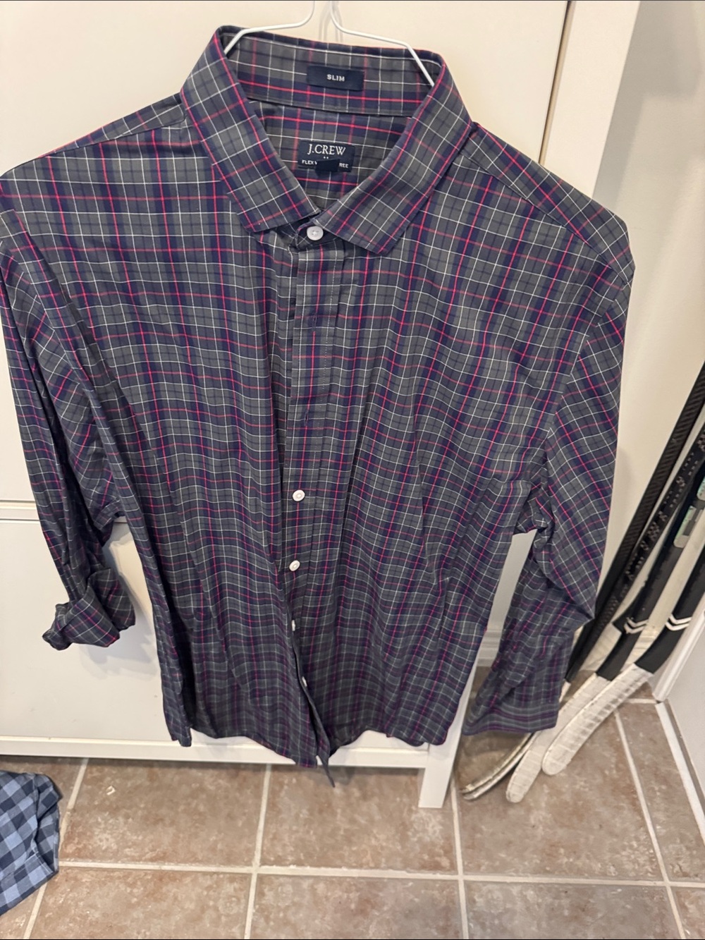 J. Crew Slim Plaid Button-Up Shirt in Navy with Pink Accents